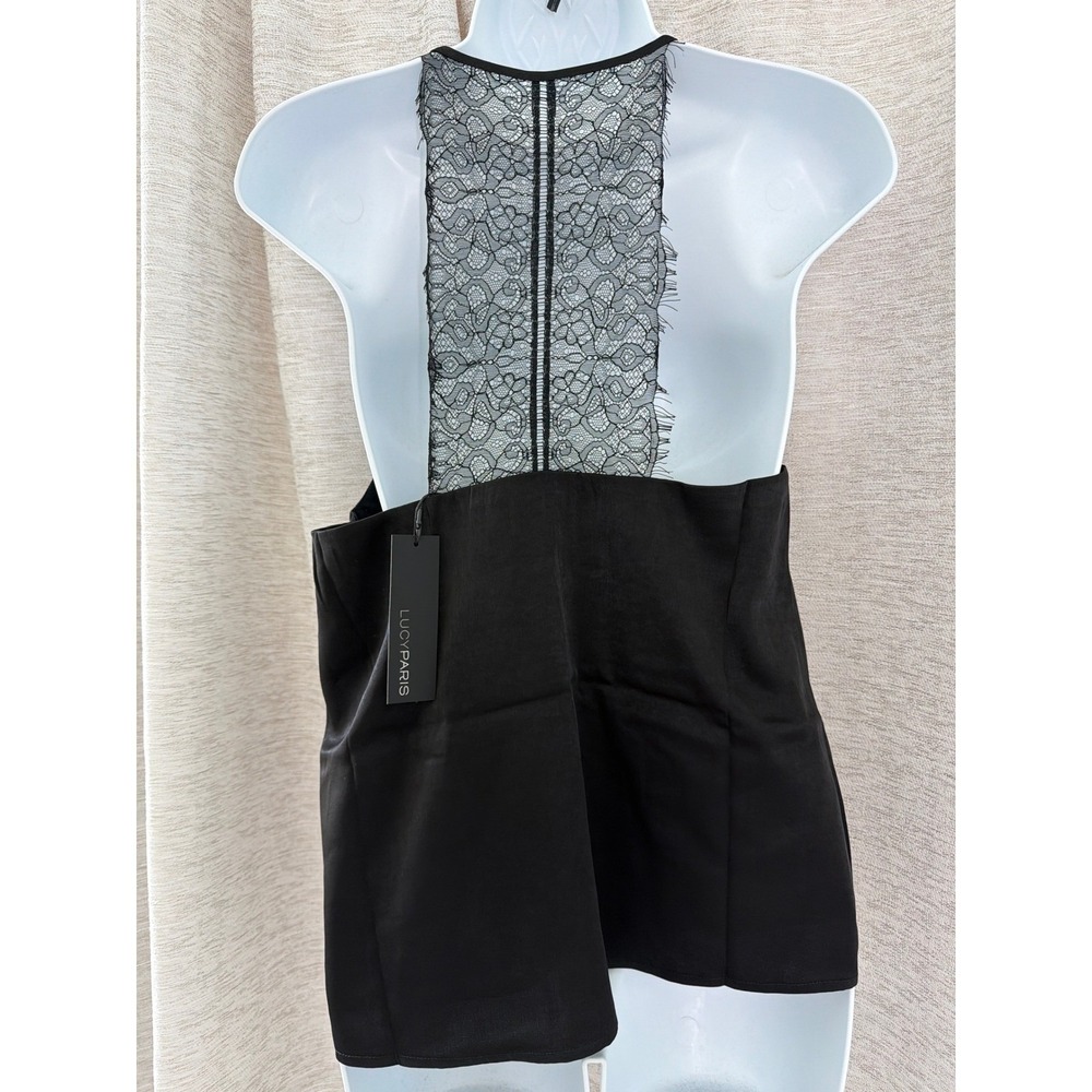 Lucy Paris Womens Black Satin Eyelash Lace Trim V-Neck Cami Tank Top medium NWT - Picture 3 of 3